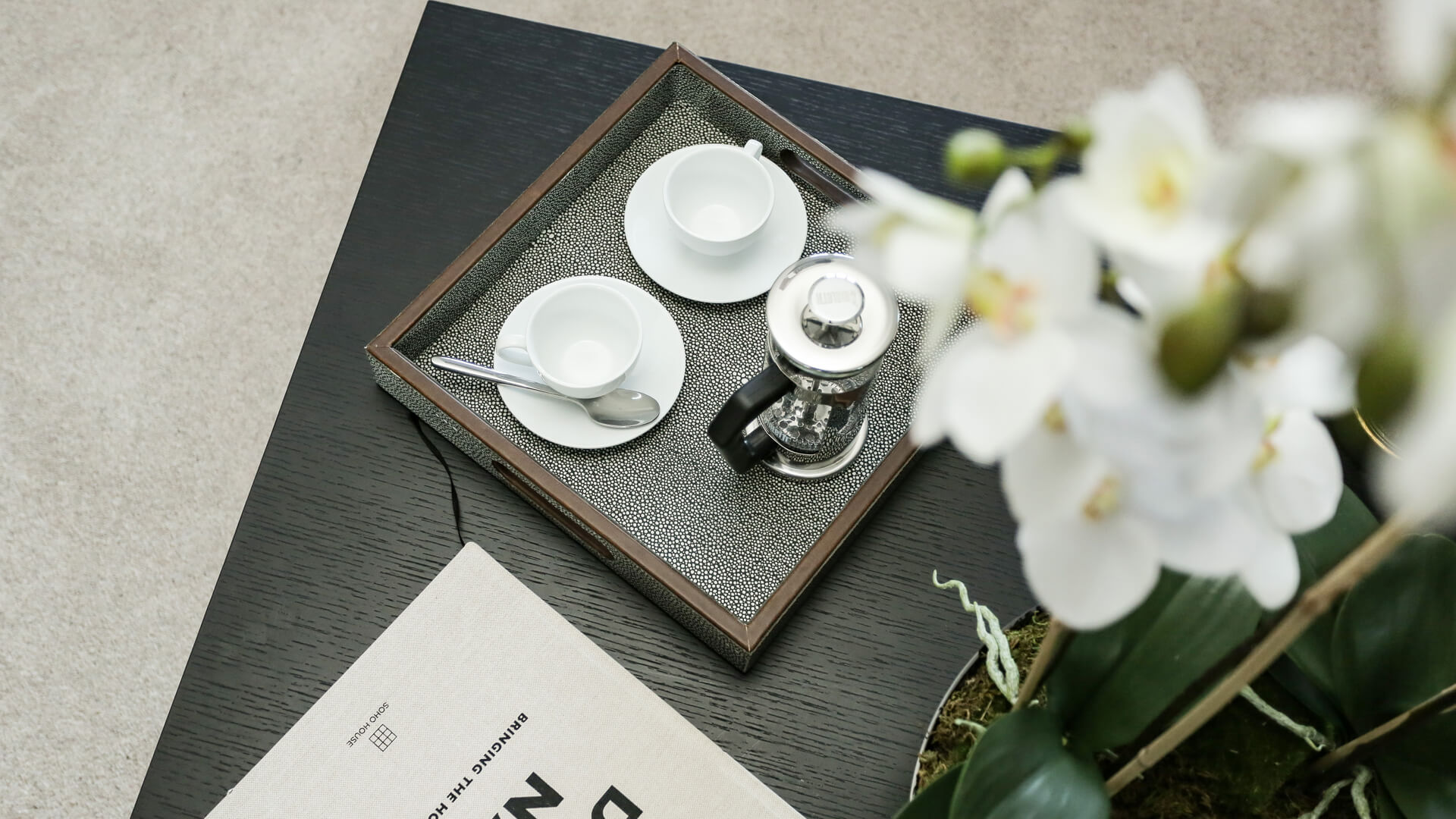 Tray with cafetiere and cups and saucers