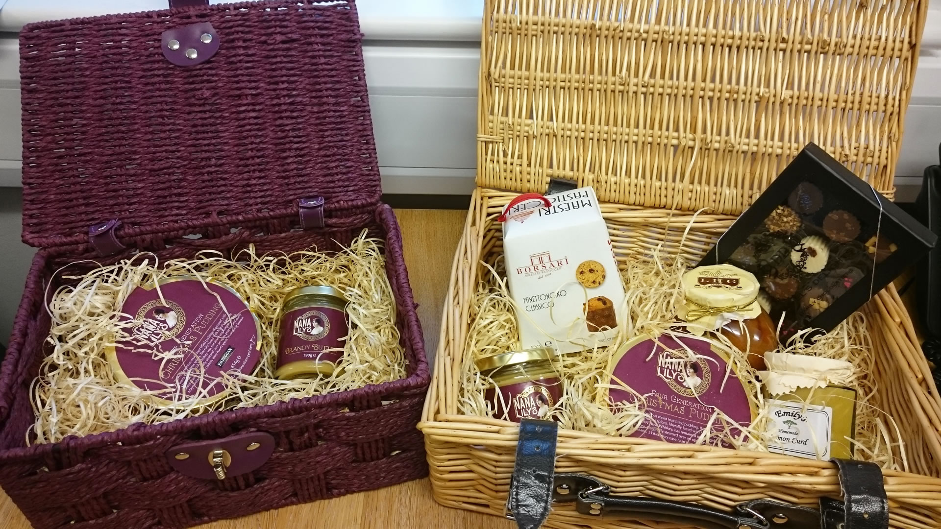 two hampers with Christmas treats 